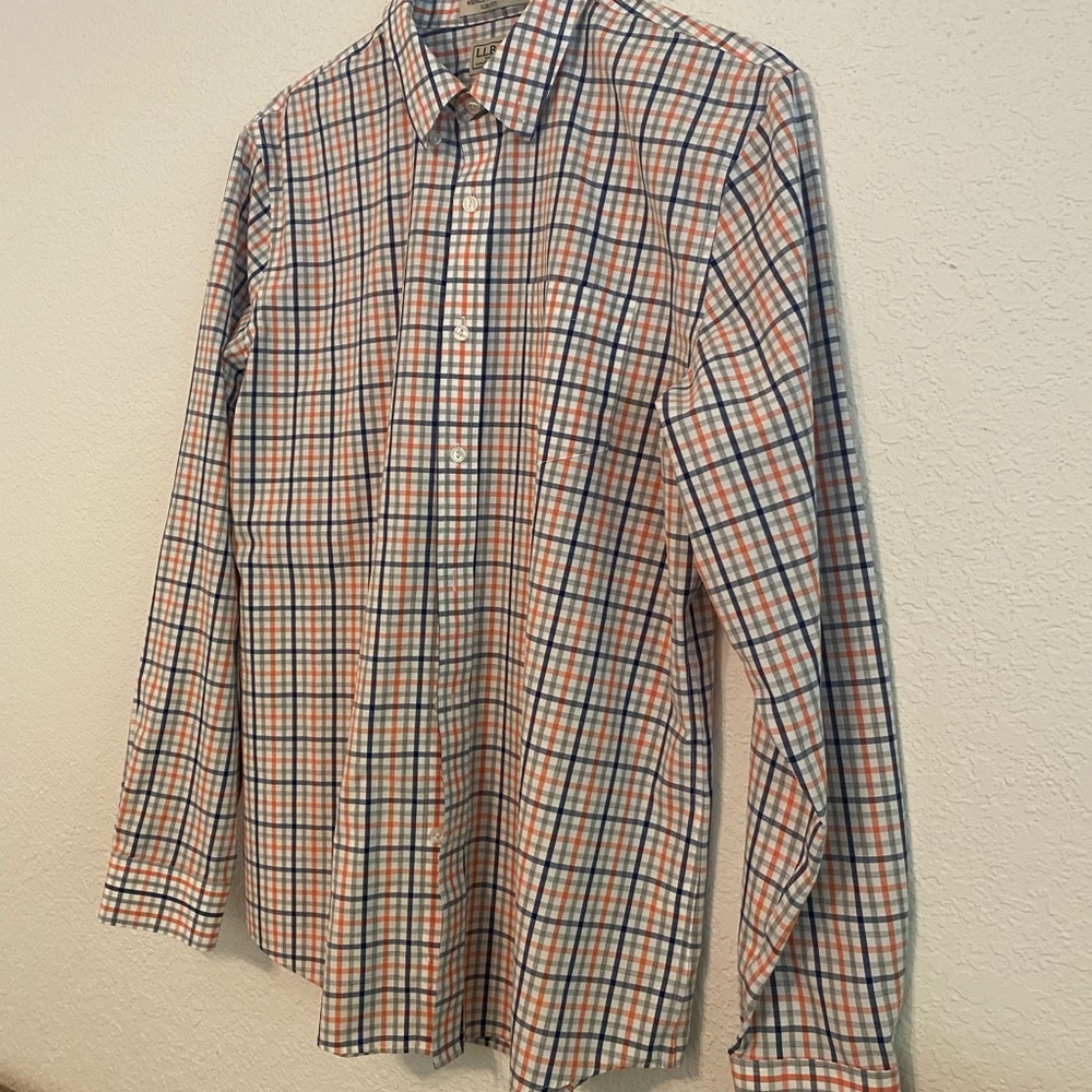 L.L.Bean long sleeve button up shirt. Large slim fit size. Orange/blue/white